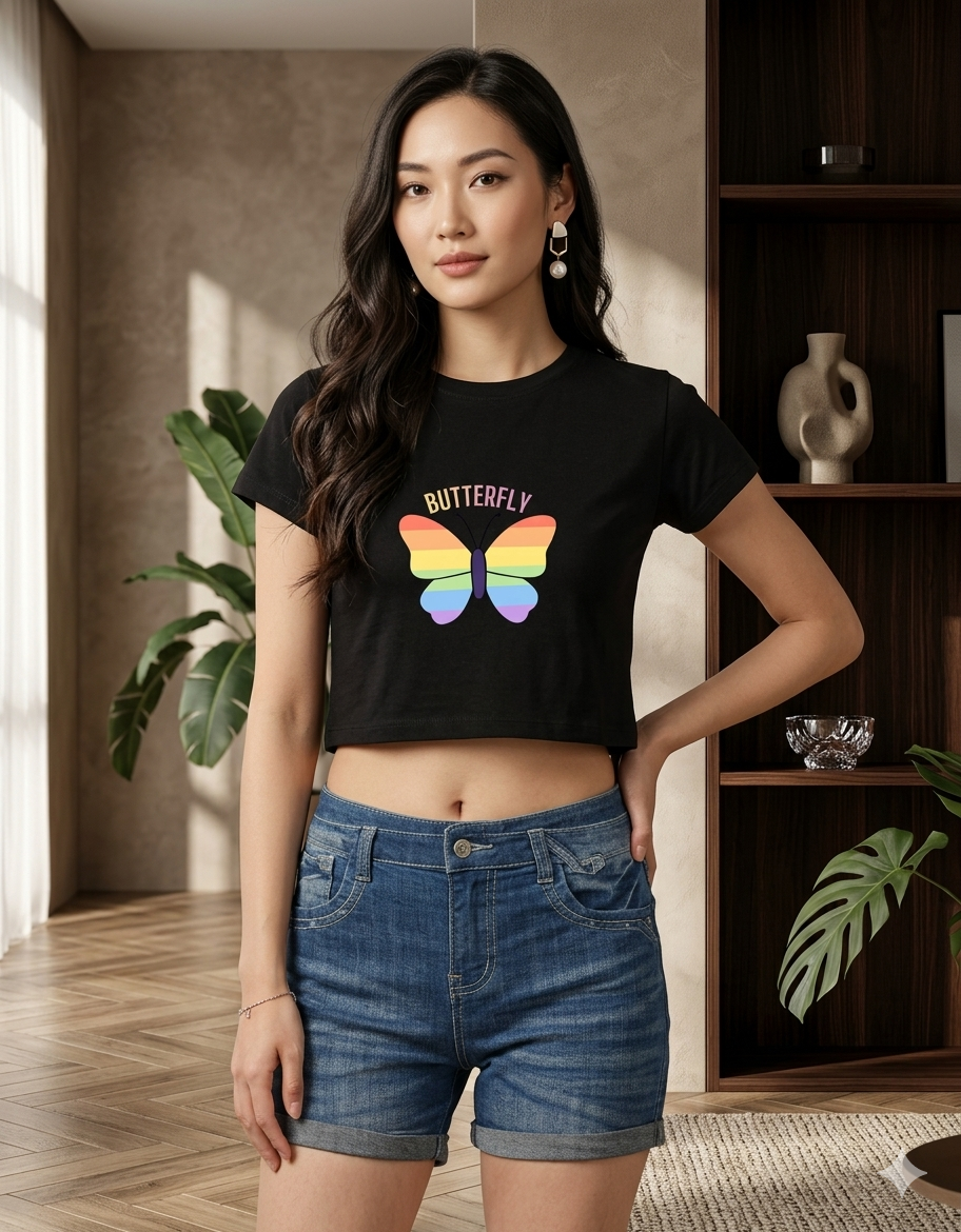 Womens - Butterfly Rainbow Graphic Crop T-Shirt.