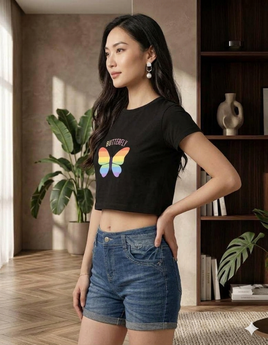 Womens - Butterfly Rainbow Graphic Crop T-Shirt.