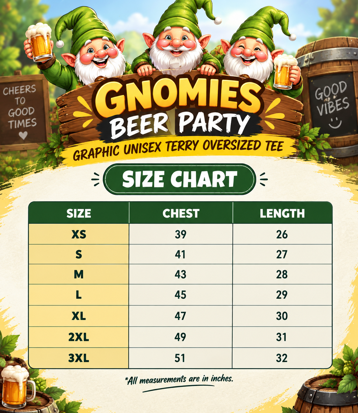 Gnomies Beer Party Graphic Unisex Terry Oversized Tee