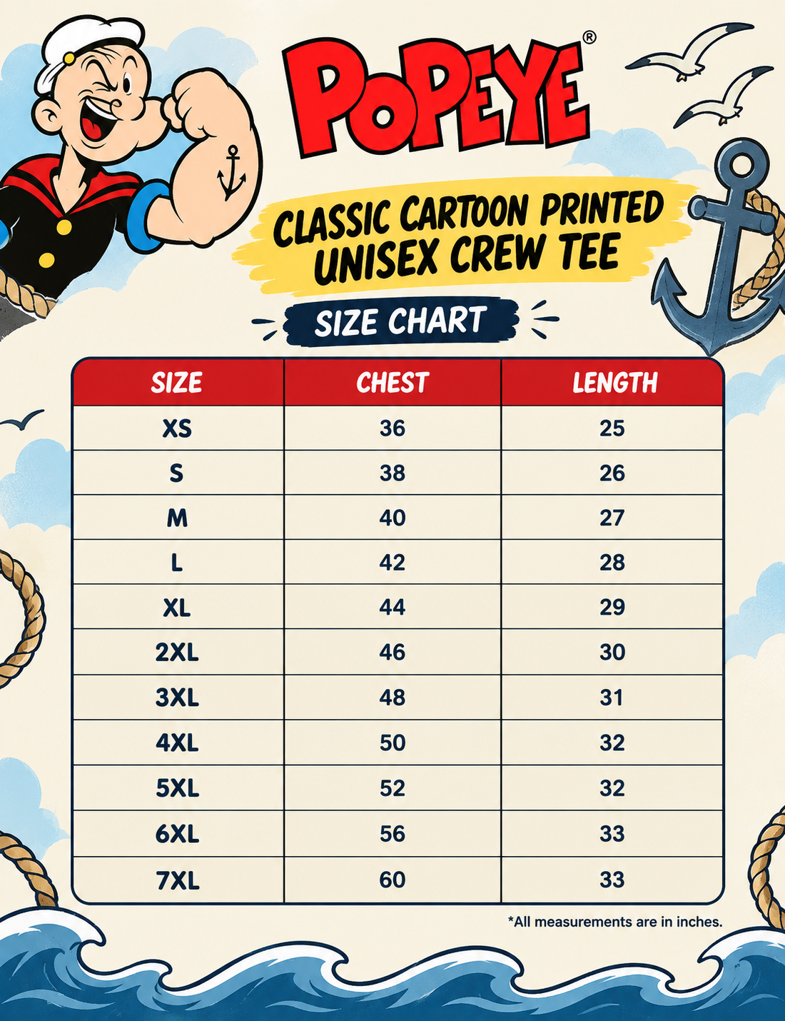 Popeye Classic Cartoon Printed Unisex Crew Tee