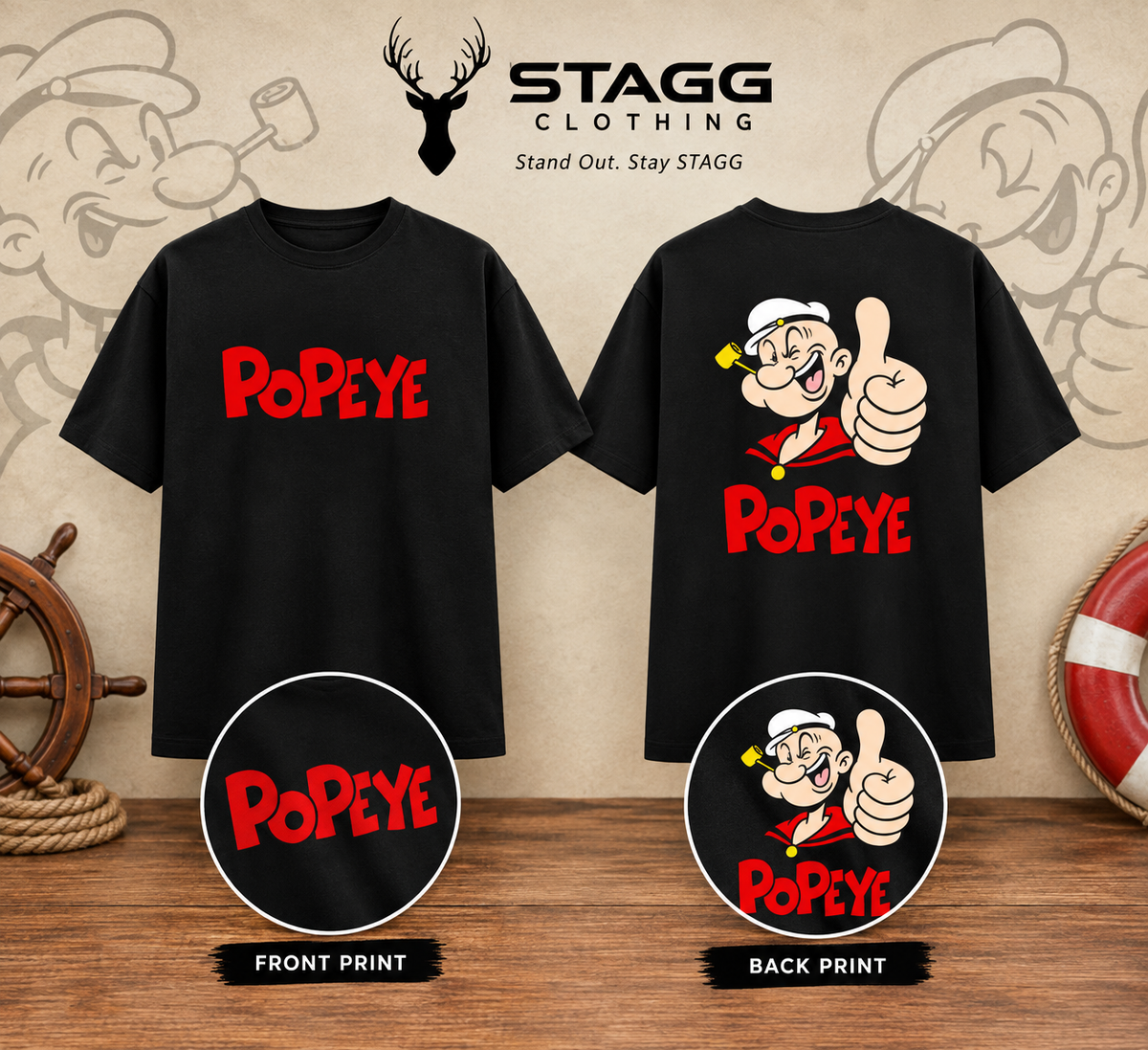 Popeye Classic Cartoon Printed Unisex Crew Tee