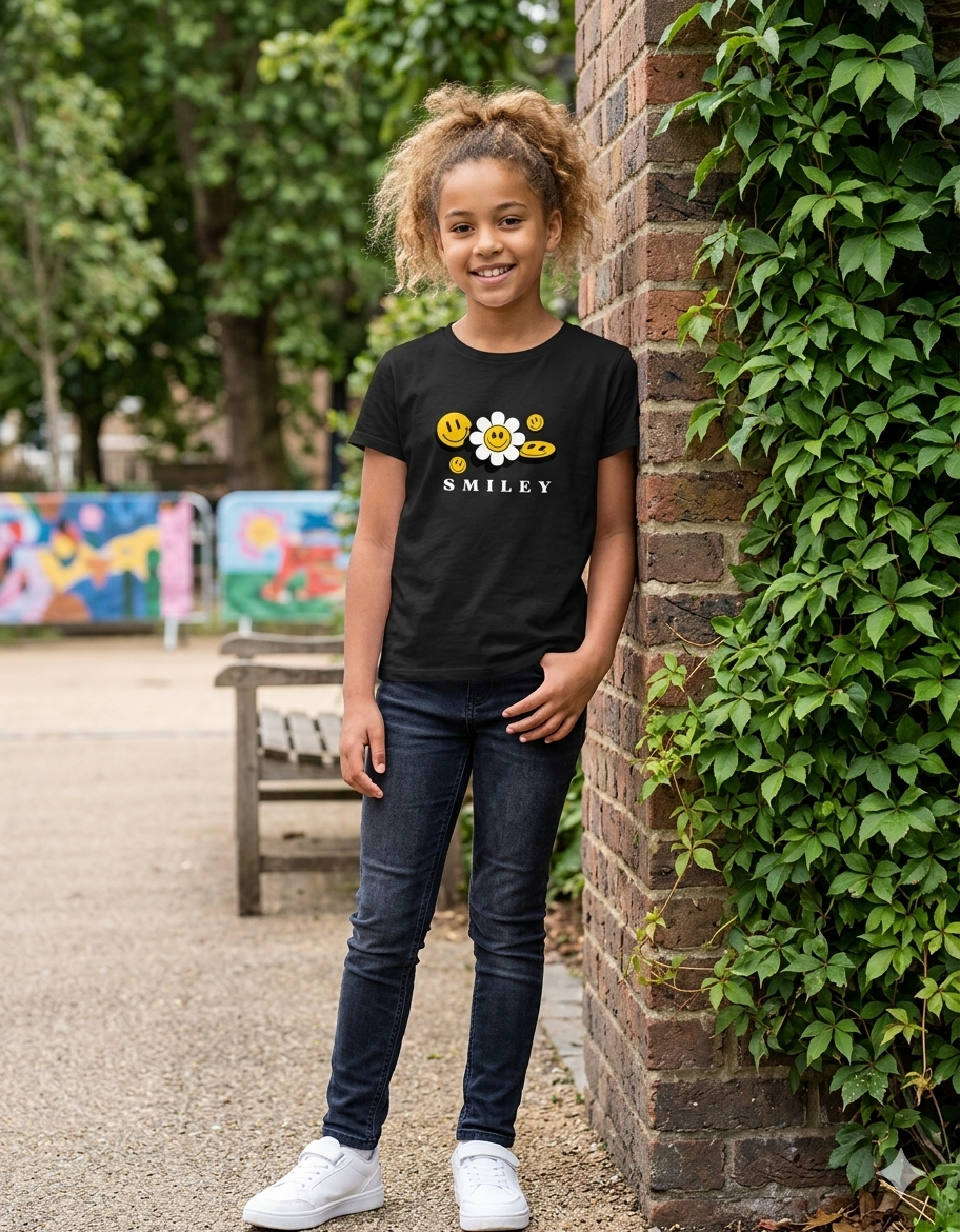 Girls Smiley Face Flower - Girl's Tee (Ages 5-13)