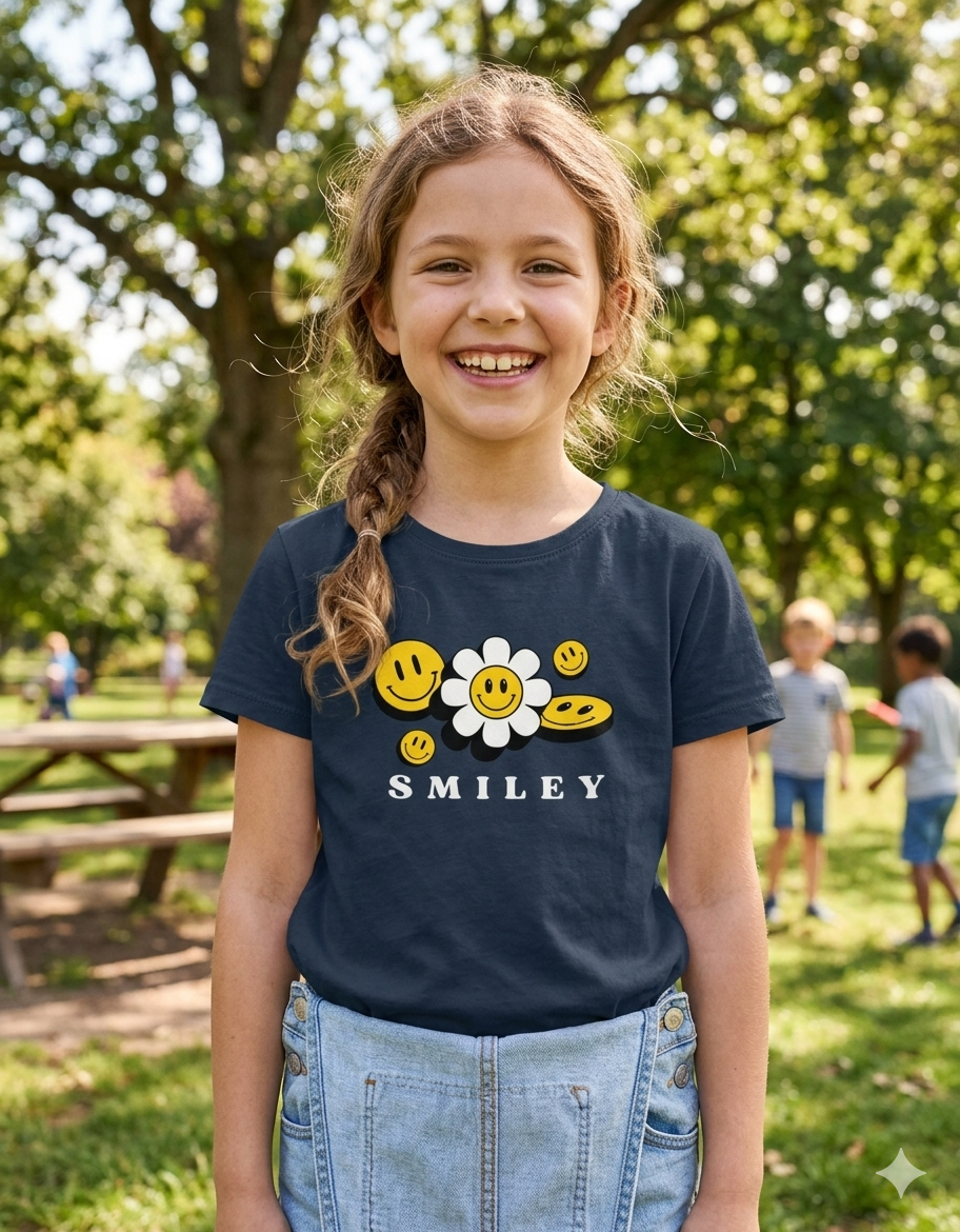 Girls Smiley Face Flower - Girl's Tee (Ages 5-13)