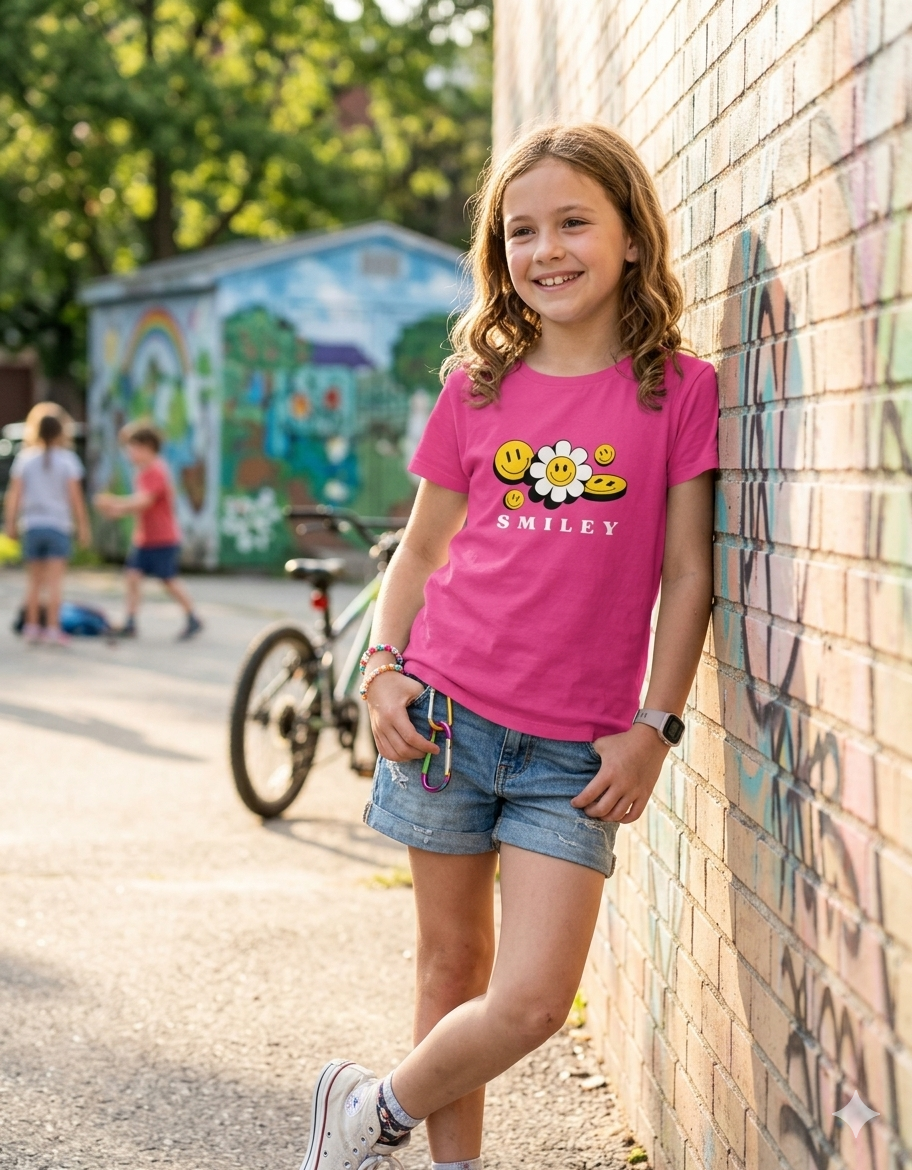 Girls Smiley Face Flower - Girl's Tee (Ages 5-13)