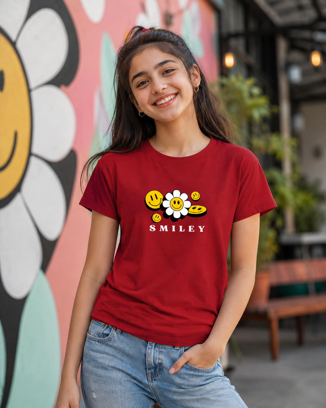 Girls Smiley Face Flower - Girl's Tee (Ages 5-13)
