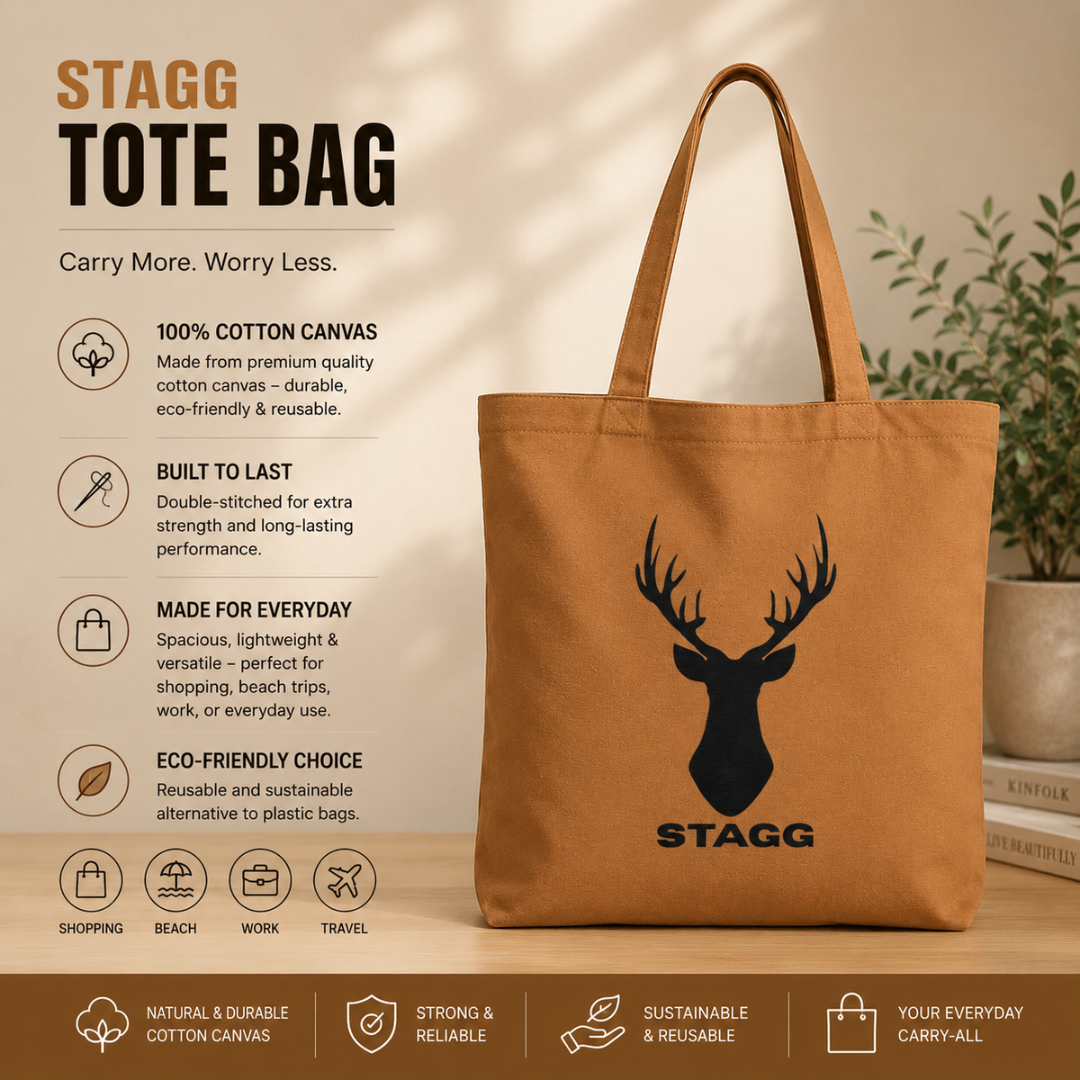 STAGG Cotton Canvas Tote Zipper Bag